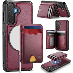 for Samsung Galaxy A17 Case Wallet Compatible with Magsafe, RFID Blocking Magnetic Card Holder 2 in 1 Detachable Kickstand Shockproof Phone Case for Galaxy A17 6.7" WineRed