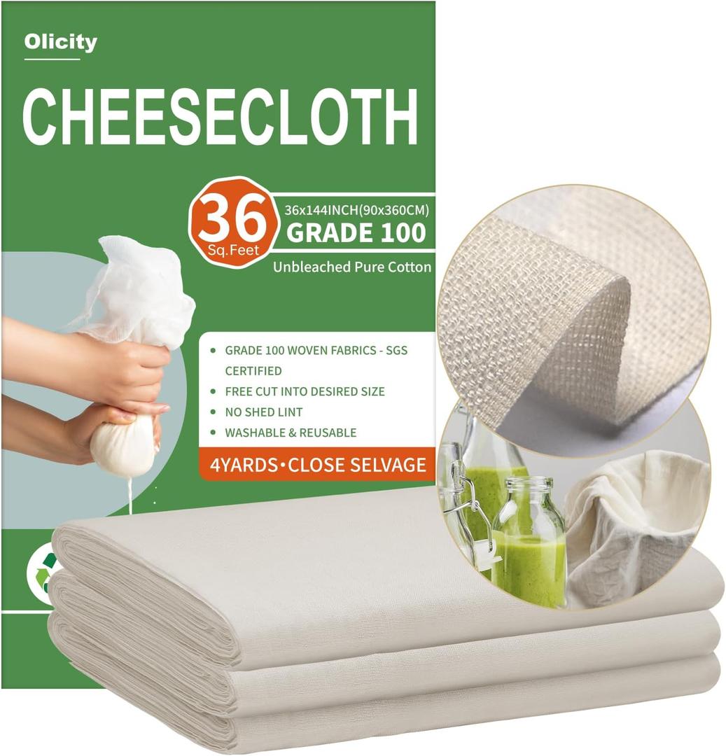 5 x Olicity Cheese Cloths, Grade 100, 36 Sq Feet, Reusable Cheese Cloth with Closed Edges Fabric Fine Mesh Cloth, Unbleached Cotton Muslin Cheesecloth for Straining,Bread,Tea,Crafts,Free Cutting - 4 Yards