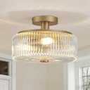 11.8 Inch Gold Semi Flush Mount Ceiling Light, 3-Light Hallway Light Fixture with Seeded Glass Shade, Mid-Century Modern Ceiling Light for Kitchen, Entryway, Foyer, Passage