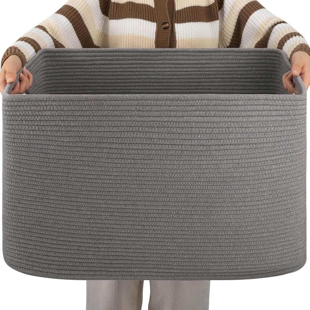 OIAHOMY XXLarge Rectangle Blanket Basket-96L, Cotton Woven Basket for Storage, Dirty Clothes Basket for Living Room, Nursery, Bedroom, Toy Organizing with Handle, 24" x 16" x 15", Dark Grey