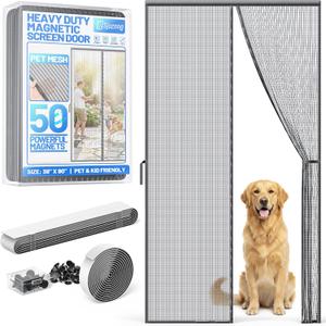 Heavy Duty Magnetic Screen Door Mesh - Auto-Sealing Hand-Free Door Net Screen with 50 Magnets, Pet & Kid Friendly, PET Fine Mesh Doors Screens Keep Bugs & Mosquitos Out Fits Front Doors Size 36” x 78”