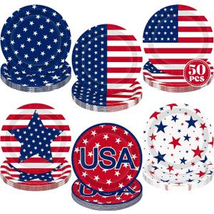 50PCS 4th of July Paper Plates, American Flag Patriotic Plates Supplies | Disposable 9 Inch Red White and Blue Plates Sets, Memorial Day Independence Day Tableware for Fourth of July Decorations