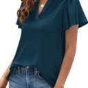 PRETTYGARDEN Women's 2026 Summer Satin Blouses Dressy Casual Ruffle Cap Sleeve V Neck Business Work Cute Tops Spring Outfits (Dark Blue)