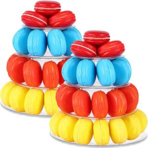 Juexica 2 Pcs Round Macaron Display Tower Stand 4 Tiers Plastic Cake Rack Macaron Wedding Cupcake Display Food Serving Stands Clear Dessert Tower for Wedding Baby Shower Birthday Decoration