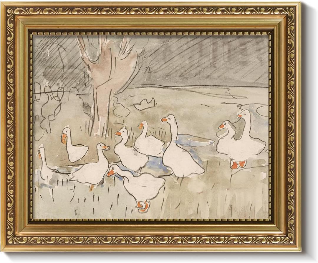 ARPEOTCY Vintage Gold Framed Wall Art, Nursery Duck Paintings, 8x10 inch Small Aesthetic Canvas Picture Prints Artwork with Frame, Victorian Wall Decor for Living Room Bathroom Bedroom Shelf (Eenden)