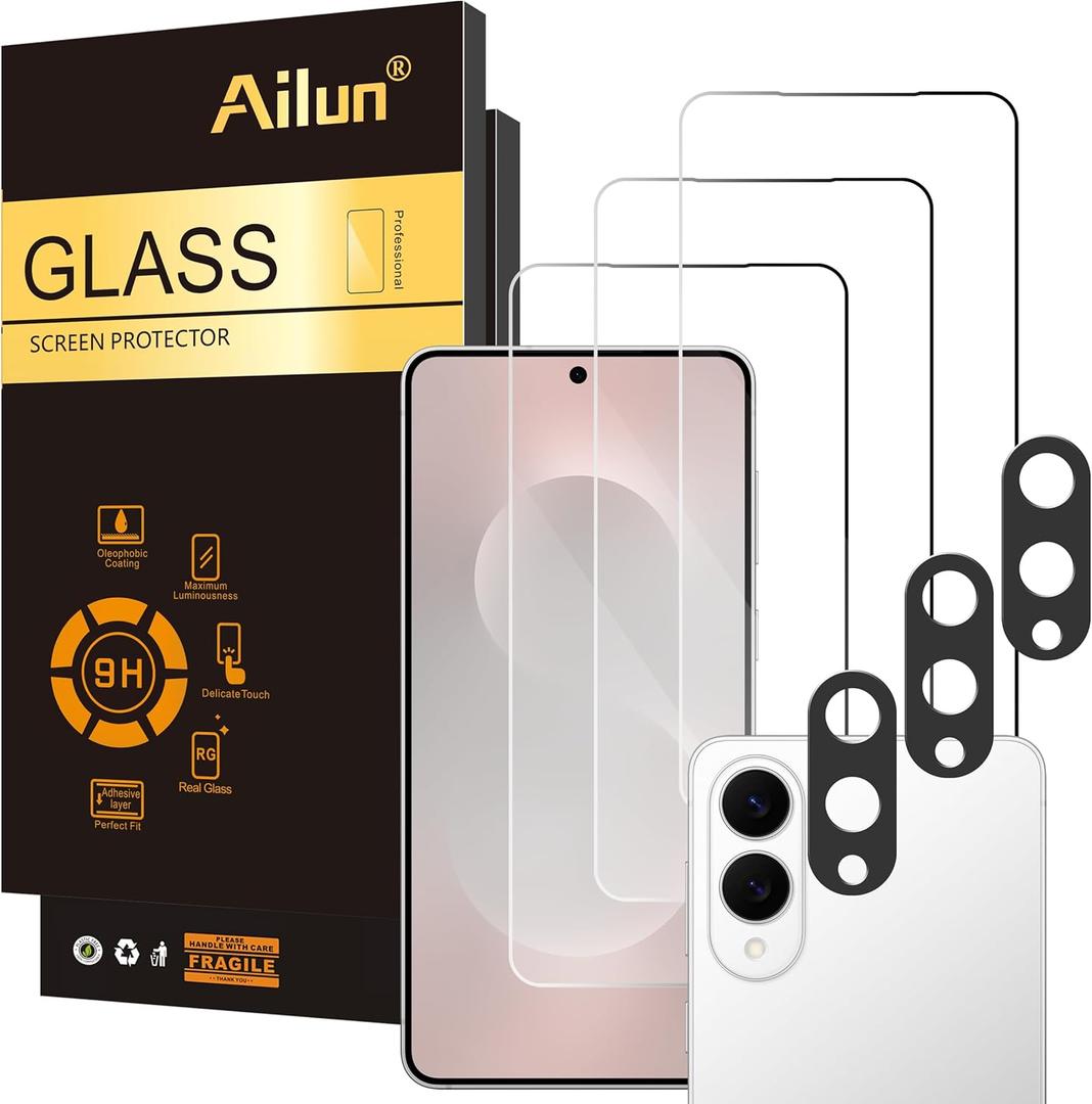 Ailun Glass Screen Protector for Galaxy S25 Edge [6.7 Inch] 3 Pack + 3 Pack Camera Lens Tempered Glass Fingerprint Unlock Compatible 0.25mm Anti-Scratch Case Friendly Clear - HD (Transparent)