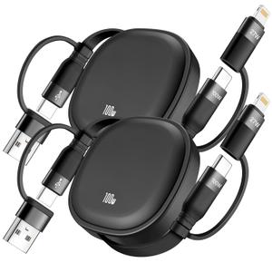 5 in1 Retractable USB Type C Cable 100W, 2Pack Multi Charging Cable 5A Fast Charging Cord USBC Cable with USB A+C to L/C Travel Essentials Charger for iPhone Series,Samsung Galaxy,MacBook,iPad(3.86ft)