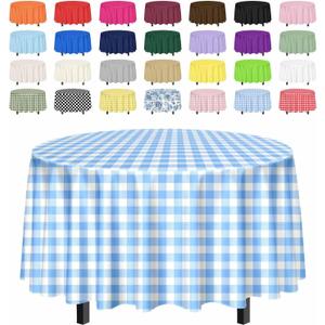 SietDESEO 2 Pack Light Blue Gingham Tablecloth Round 84 x 84 Blue and White Checkered Table Cloth Disposable Plaid Table Cover for Camping Picnic Wedding Party Supplies Circle Plastic Tablecloth