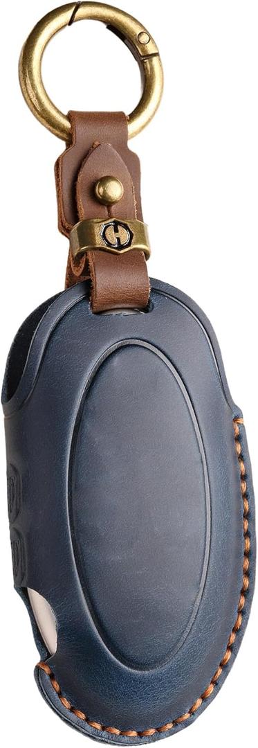 Leather Key Fob Cover with Keychain Compatible with Loniq 6 Grandeur GN7 KONA Santa fe Elantra (Blue)