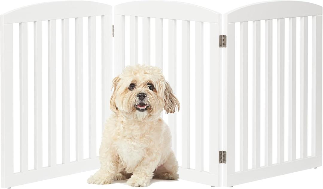 PAWLAND Wooden Freestanding Foldable Pet Gate for Dogs, 24 Inch H, 3 Panels | Dog Gate for Doorway, Stairs, the House, Step Over Fence Indoor, Extra Wide, Room Divider, Front Door, Hallway, White