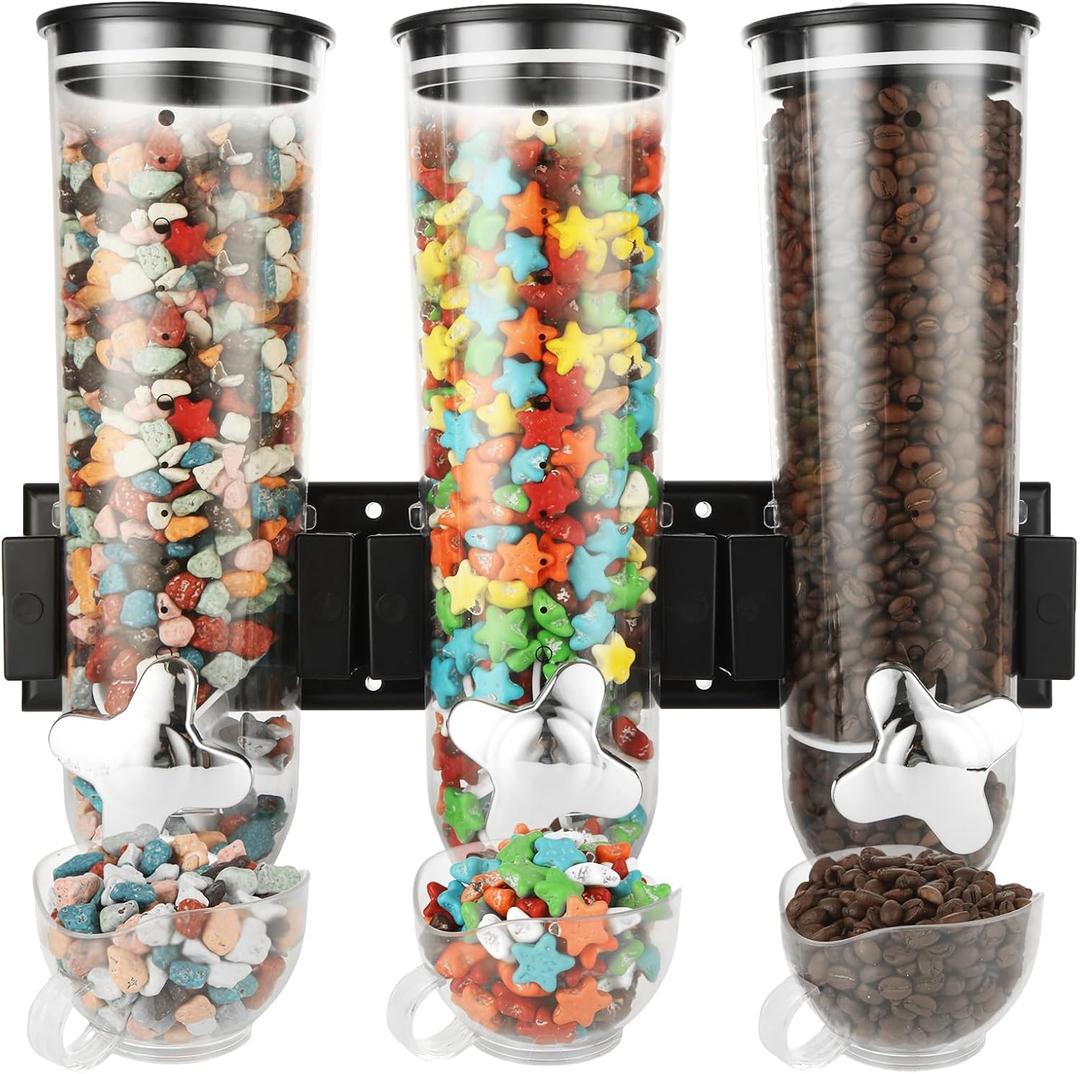 JMIATRY Triple Cereal Dispenser Wall Mounted Snack Dispensers with 3 Cups Wall Candy Dispenser Wall Mounted Large Dry Food Dispensers for Pantry Snack Beans, 5L