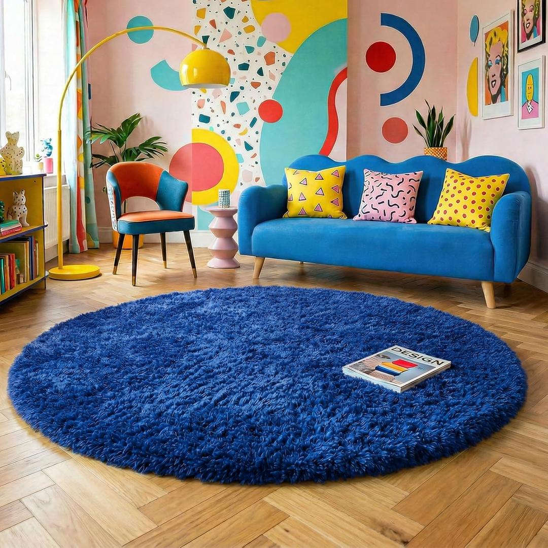 Navy Blue Round Rug 6Ft for Boys Bedroom, Large Fluffy Fuzzy Circle Area Rugs for Kids Playroom, Living Room Decor Aesthetic, Cute Shaggy Plush Floor Royal Dark Blue Carpet for Dorm Teen Baby Nursery