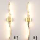 Daunton Modern Gold Plug in Wall Sconces Set of Two, RC Dimmable LED Plug in Wall Light, Wall Lamps with Plug in Cord for TV Wall Sconces, Gold Sconce Wall Lighting for Living Room, Hallway, Bedroom