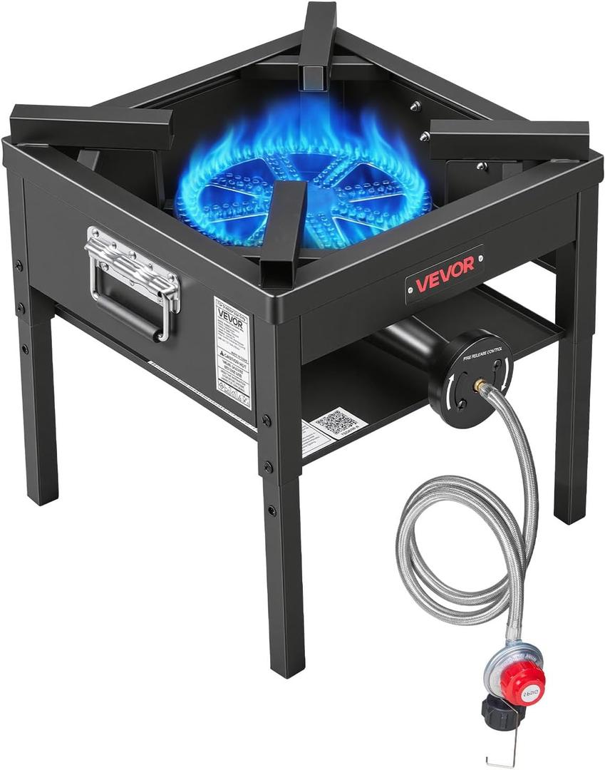 VEVOR Single Burner Outdoor Propane Gas Stove, 200,000 BTU Propane LPG Gas Camping Stove, Heavy Duty Carbon Steel Outdoor Cooker, with Shield & 20 PSI Regulator, for BBQ Camp Home Patio Seafood Boil