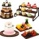 Teenyyou 5 Pcs Wooden Cupcake Stand Set 3 Tiered Display Shelf Round Rotatable Cupcake Stand Cake Tower Wood Rectangle Cake Tray for Dessert Table, Festivals, Wedding Party (Dark Color)