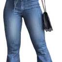 Pantete Womens High Waisted Bell Bottom Jeans Denim High Rise Flare Jean Pants with Wide Leg and Belt (Blue) Large