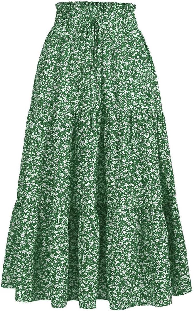 MSLG Women's High Elastic Waist Midi Skirt Casual Summer Trendy Tie Front Flowy Ruffle Floral Print A line Skirts 626