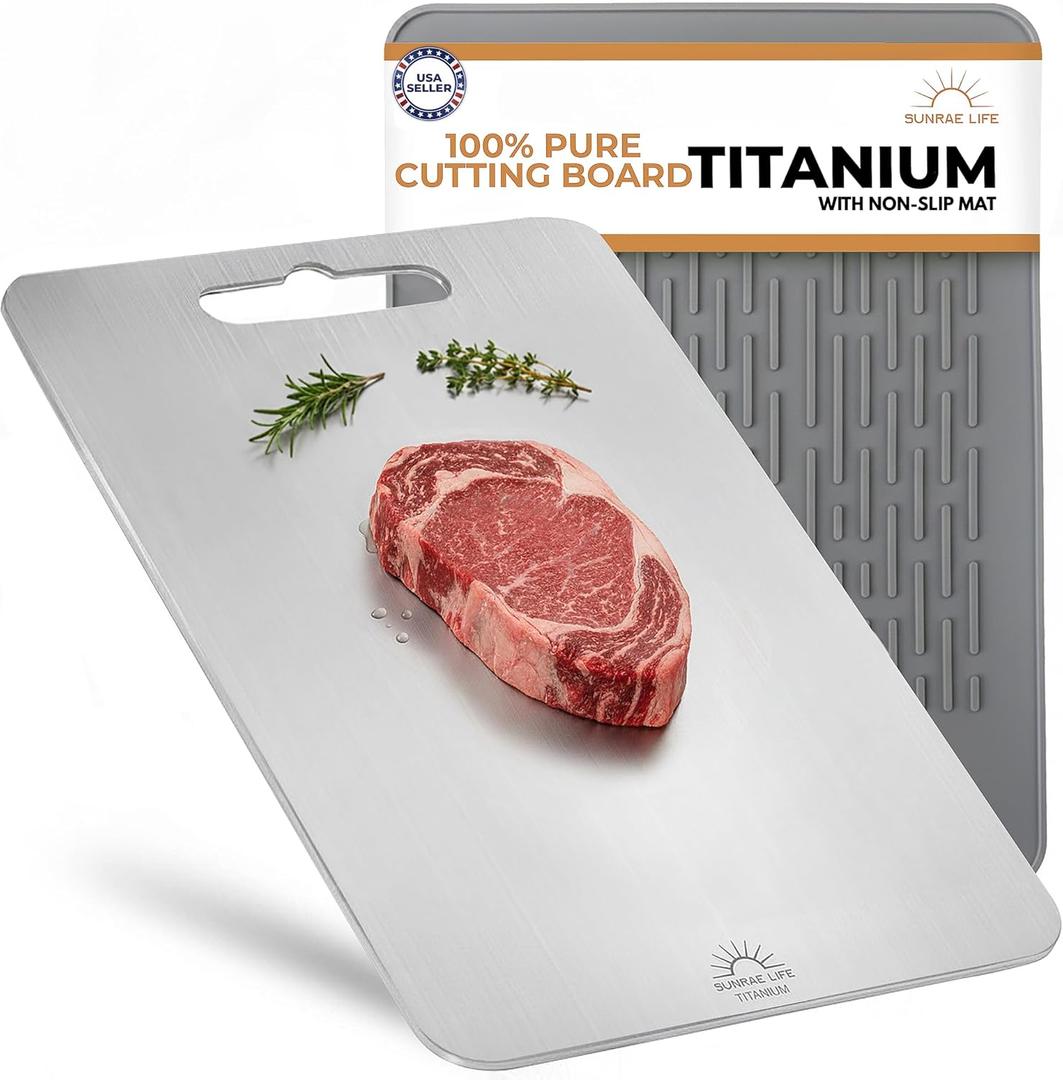 Pure Titanium Cutting Board, Double-Sided, Dishwasher Safe, includes Anti-slip Mat, Juice Groove,Titanium Cutting Boards for Kitchen - Chopping Board for Homemaker Mom Dad Chefs