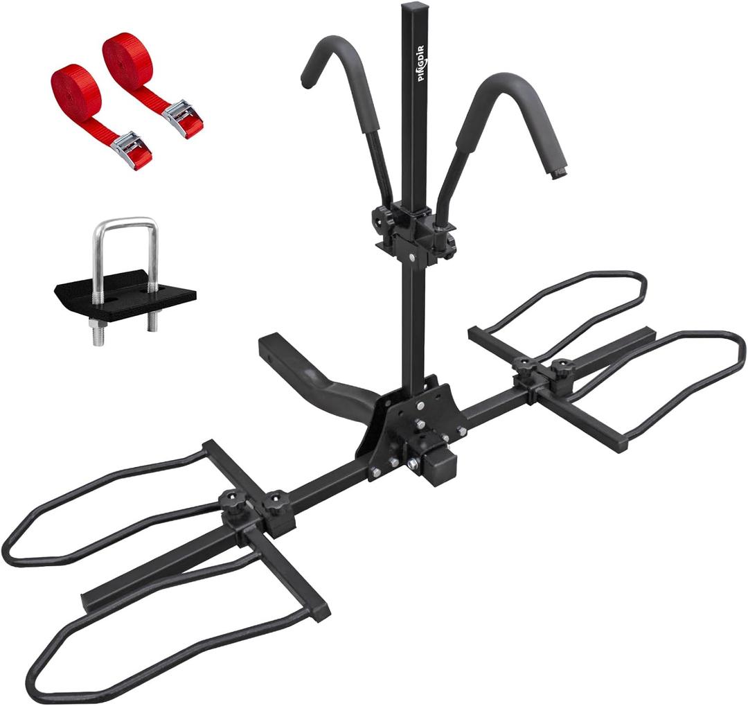 2" Hitch Mount Bike Rack, 2 Bike Folding Tiltable Platform Style Carrier 150lbs for Standard, Fat Tire, and Electric Bicycles with Hitch stabilizer,Trailer Hitch Lock, 2 Ratchet Straps