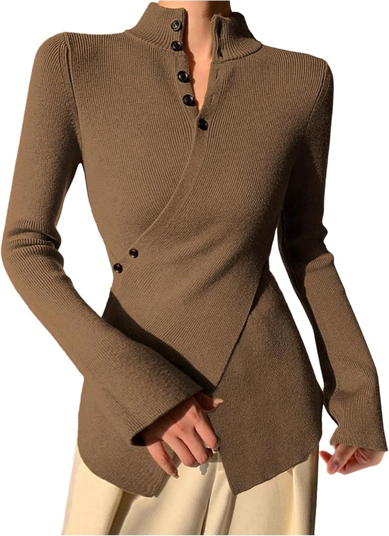 MakeMeChic Women's Wrap Cross Mock Neck Sweater Long Sleeve Button Front Knitted Pullover Tops (XX-Large, Coffee Brown)