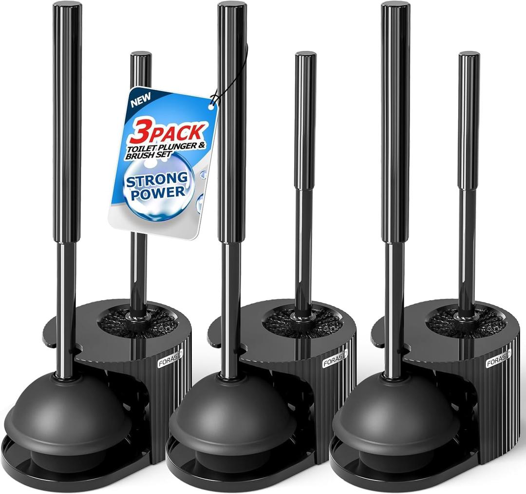 FORASTO 3Pack 2 in 1 Toilet Brush and Plunger Set, Extended Handle Plunger,Toilet Bowl Brush Plunger Set,Bathroom Cleaning Tools,Toilet Brush Plunger Combo,Cleaning SuppliesBlack