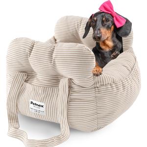 Dog Car Seat for Small Dogs, Portable Puppy Car Seat of Easy Installation, Fashionable Pet Carrier Bag with Large Pockets, Machine Washable Dog Booster Seat (Striped Khaki)
