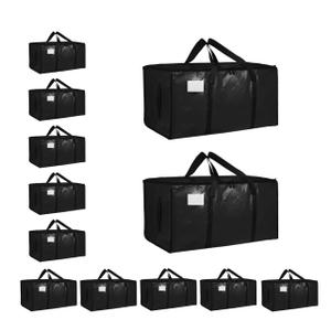 12 Pack-Extra Large Heavy Duty Moving Bags - Waterproof Storage Totes with Handles & Zippers, Foldable for College Dorm, Storage (Black)