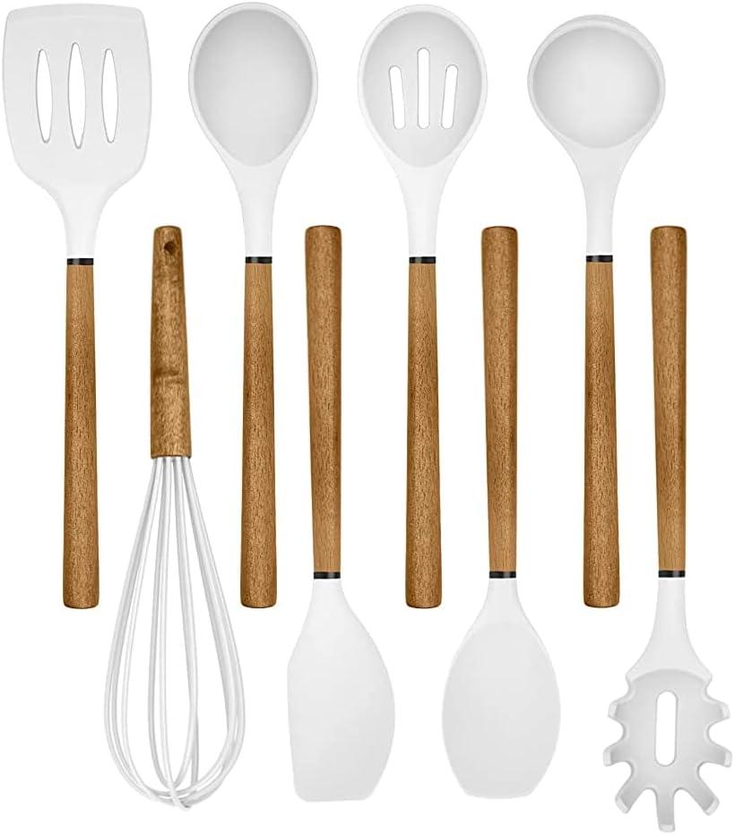 Country Kitchen Non Stick Silicone Utensil Set with Rounded Wood Handles for Cooking and Baking, 8 Piece Set, White