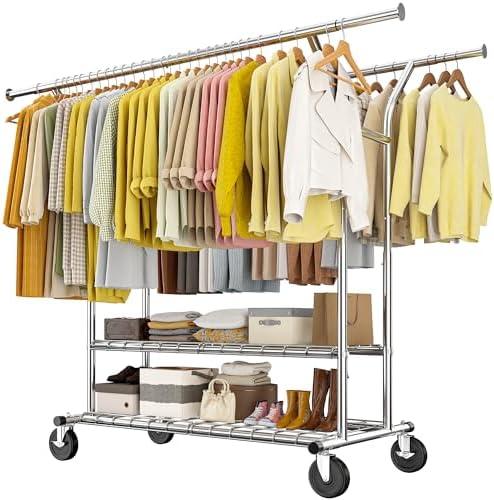 Raybee 74" W Heavy Duty Clothes Rack, Double Rods Clothing Rack Load 630 LBS, Rolling Clothes Racks for Hanging Clothes 400+, Garment Rack for Bedroom, Laundry Room, Retail Store
