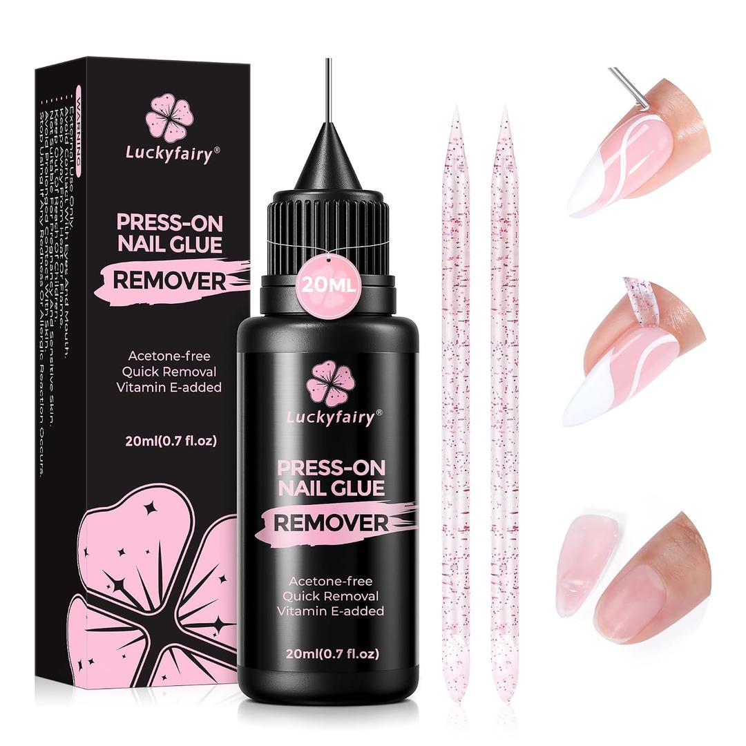 Luckyfairy Pinpoint Nail Glue Remover: 20ml Press on Nail Remover with Cuticle Pusher, Gentle Glueoff, Quick Nail Remover for Nails Tips, Non-Acetone Nail Polish Remover, Not for Gel Polish