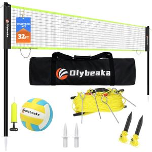 32ft Regulation Size Portable Outdoor Volleyball Net Set System for Backyard Beach with Height Adjustable Poles, PU Volleyball and Pump, Carry Bag, Boundary Line - Easy Set Up & Anti-Sagging (Black and Green)