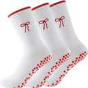 3 Pairs Cute Pilates Socks with Grips for Women Non Slip Yoga Socks Grippy Crew Socks Embroidery Pattern for Workout Ballet (White)