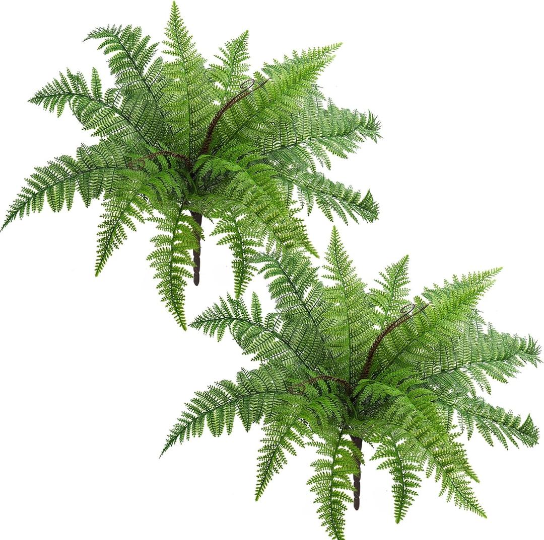 RECUTMS Artificial Fern Plants 2Pcs 19.7Inch Fake Boston Fern Faux Plastic Plant Outdoor UV Resistant Shrubs Greenery Bundles Outside Indoor Home Garden Office Balcony Party Porch Potted Hanging Decor