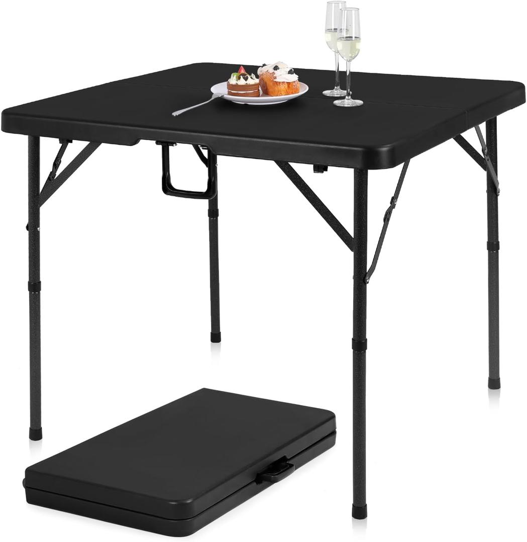 pollilar 34" Folding Card Table Square Foldable Table Plastic Portable with Detachable Legs, Dual Height Adjustable, Heavy-Duty Indoor Outdoor Dining, Game, Picnic, Mahjong Tables-Black