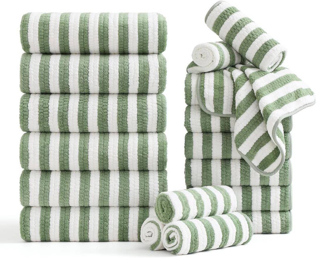 Smuge 18 Pcs Bath Towel Set, Include 6 Bath Towel Sheets, 6 Hand Towels and 6 Washcloths - Highly Absorbent Quick Dry Microfiber,Ultra Soft Bathroom Towel Set with Hanging Loop - Light Green