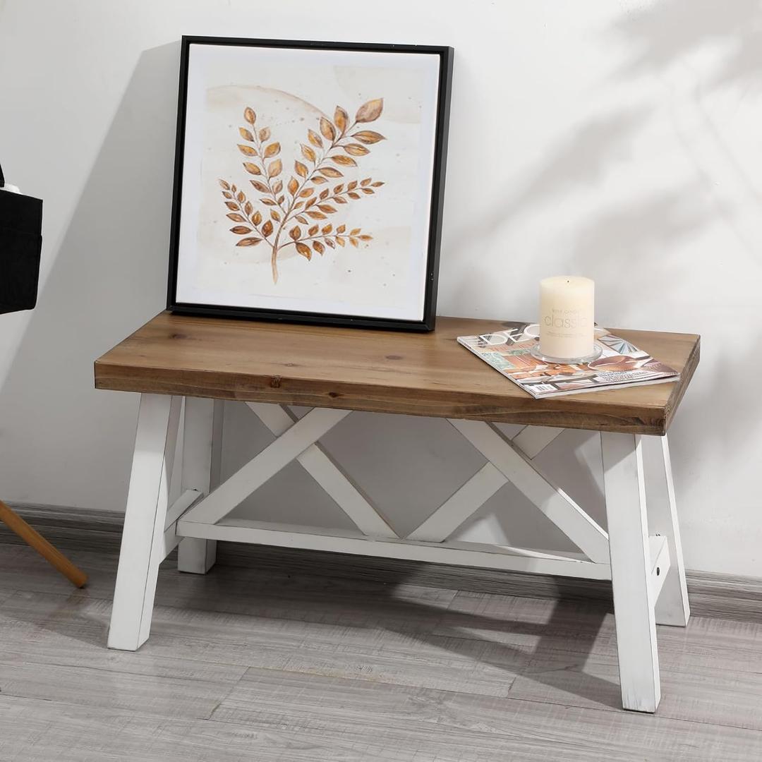 Wnutrees 30" Farmhouse Wood Bench, Rustic Solid Wood Entryway Bench Seat with Double X-Structure for Dining Room, Living Room, Hallway, Structural Stability, White Wnutrees 30" Farmhouse Wood Bench, Rustic Solid Wood Entryway Bench Seat with Double X-Structure for Dining Room, Living Room, Hallway, Structural Stability, White
