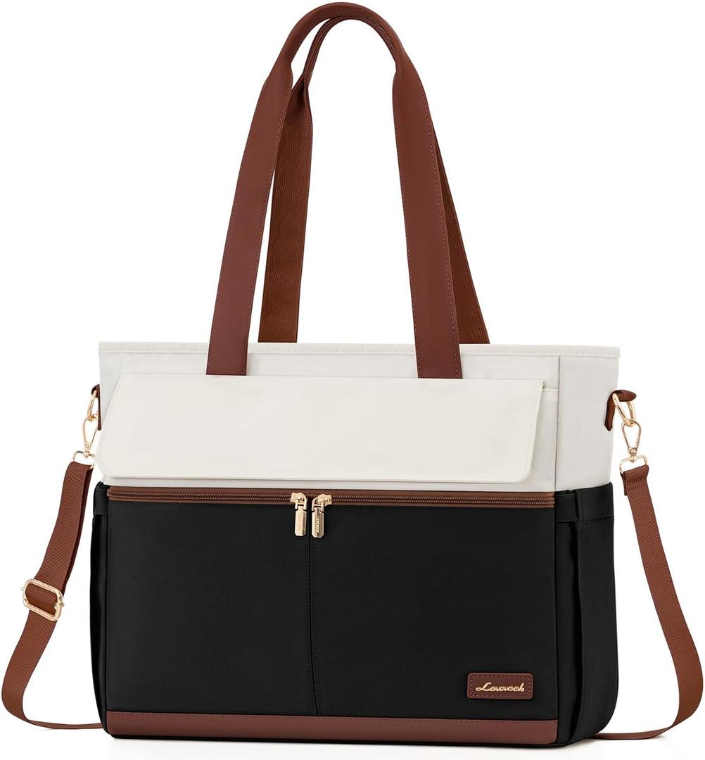 LOVEVOOK Laptop Bag for Women 15.6 Inch Canvas Laptop Large Capacity Work Bags Mutiple Pockets Teacher Bag Water Resistant Computer Bags for Business Travel Nurse, Black Brown