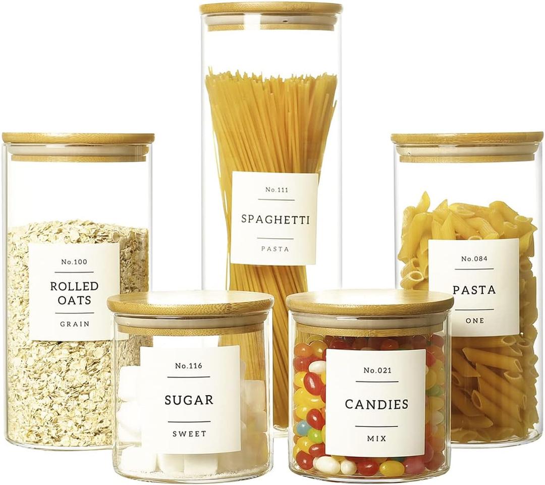 5 Pcs Glass Food Storage Containers With 132 Pantry Labels Preprinted  Thicken(3mm) Jars Airtight Bamboo Lid Stackable Kitchen Canisters Set For Candy, Cookie, Rice, Sugar, Flour
