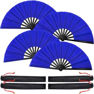 Blulu 4 Pcs Large Folding Fans Bulk with 4 Fan Sleeves, Chinese Kung Fu Hand Clack Rave Fans for Line Dancing, Festival, Party Decor and Performance(Classic Style,Royal Blue,13 Inch)