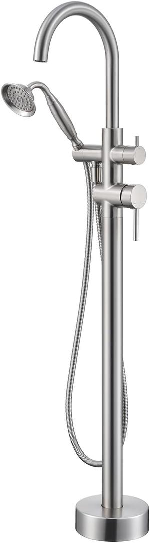 Wowkk Tub Filler Freestanding Bathtub Faucet Brushed Nickel Floor Mounted Brass Bathroom Tub Faucets with Hand Shower