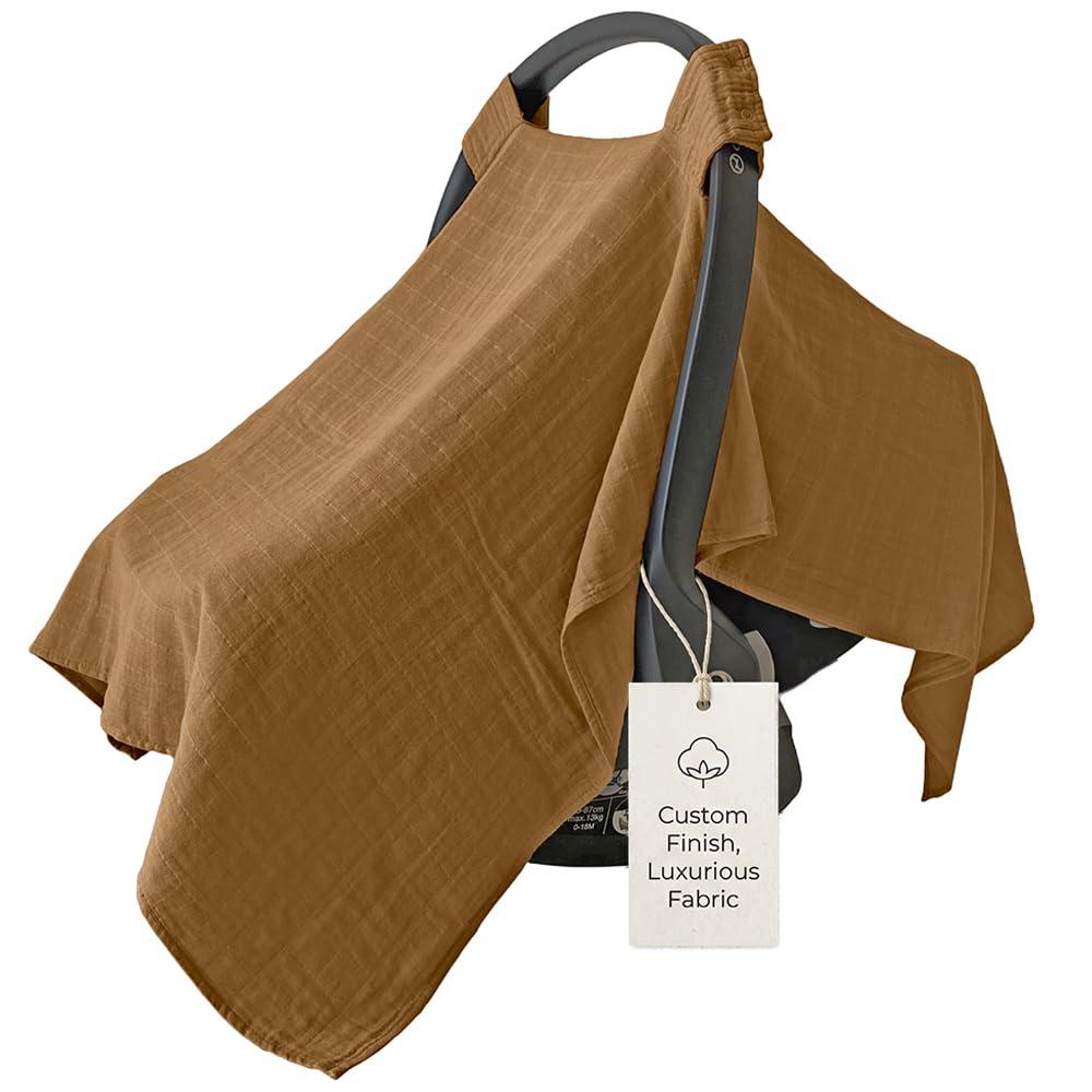 MOZAH Baby Car Seat Cover - Caramel Toffee - 100% Organic Muslin - Soft, Breathable and Lightweight, Baby Infant Car Seat Essentials