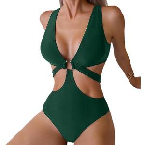 Favnac Women's Deep V Neck One Piece Swimsuit Sexy Cut Out Bathing Suit ORing Swimwear Army Green XXLarge