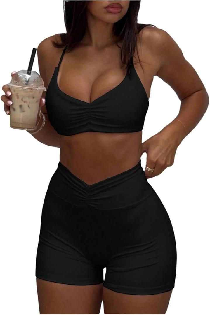 SweatyRocks Women's 2 Piece Workout Outfits Ruched Camisole Top and Biker Shorts Tracksuit Sets Black Medium