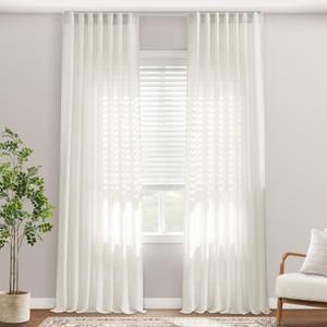 102 Inch Long Linen Cotton Blend Curtains, Light Filtering Semi Sheer Ripple Fold Hooks Belt Curtains for Track System Living Room Bedroom 2 Panels Set