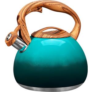 GGC Tea Kettle for Stove Top, 3.1QT/3L Whistling Tea Kettles for Boiling Water Coffee or Milk, Gradient Green Tea Pot with Wood Parttern Handle, Stainless Steel Tea Pot for Home and Kitchen