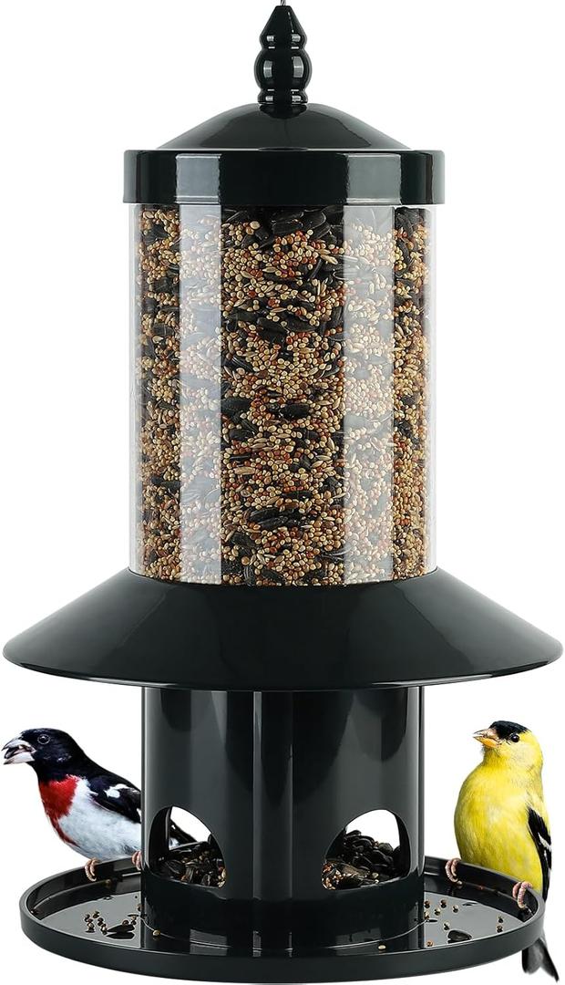 Squirrel Proof Bird Feeder - 360 Feeding Perch Tray for Outdoor Hanging Wild Bird Seeds, Dark Green.