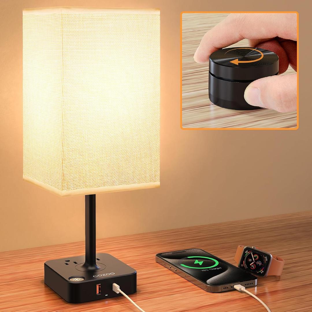 COZOO Bedroom Table Lamp with Remote Operation Control,Dimmable Bedside Table Desk Lamp with USB C+A Charging Ports 2 AC Outlets,Nightstand Lamp White Shade Lamp for Living Room,Dorm,Home Office,Decor (5.3"D x 5.3"W x 13.66"H)