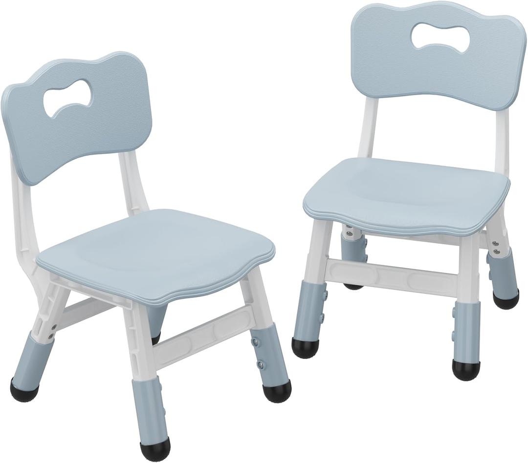 2-Pack Adjustable Kids Chairs, 3-Level Height Plastic Toddler Chair with Non-Slip Base & Stackable Design, for Home School Classroom Daycare Indoor Outdoor Use, Ages 2-8, Grey (Blue)