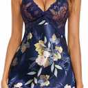 Avidlove Women Lingerie V Neck Nightwear Satin Sleepwear Lace Chemise Mini Teddy (Medium, Floral Blue)