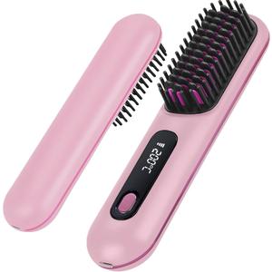 Go Brush Pro - Cordless Hair Straightener Brush Portable Comb for Travel, USB Charging, Fast Heating, with LCD Display (Pink)